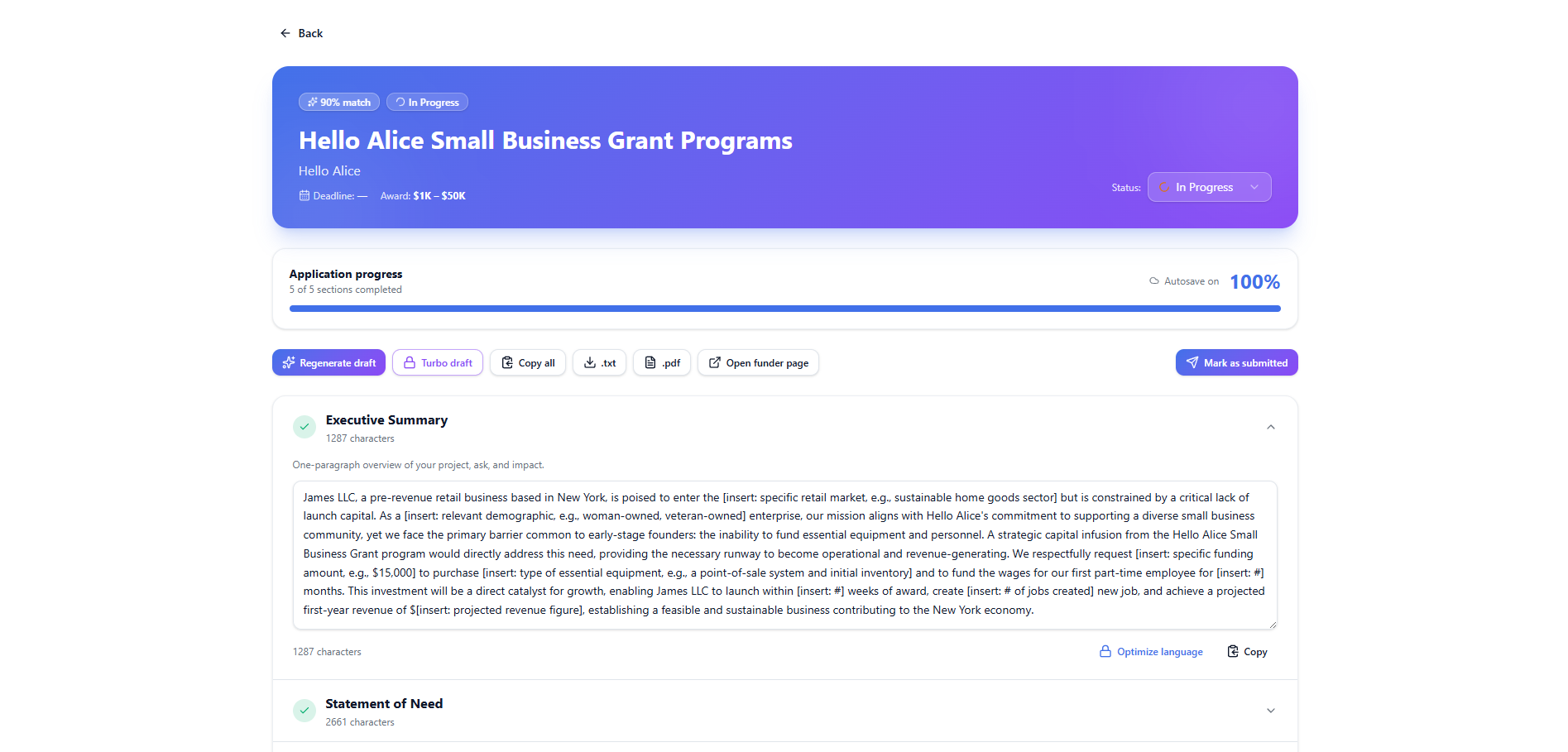 Generate Your Grant Application — GrantsForYou platform