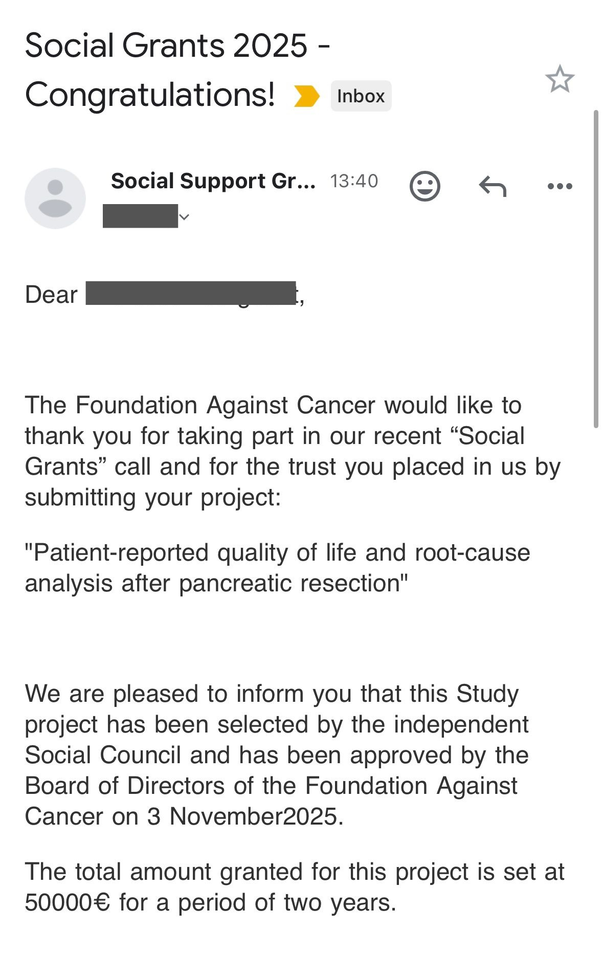 Award letter — Research grant approved