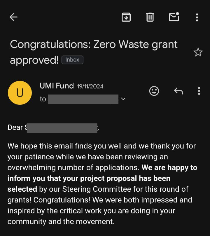 Award letter — Zero Waste microgrant awarded